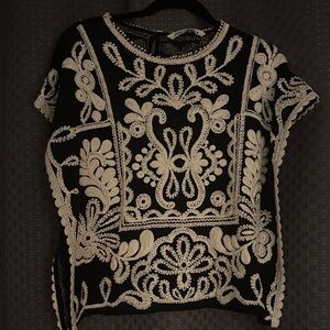 Zara Black and Cream Embroidered Blouse